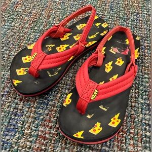 Reef Kids Red and Black Flip Flops with Pizza Print, Size 11/12